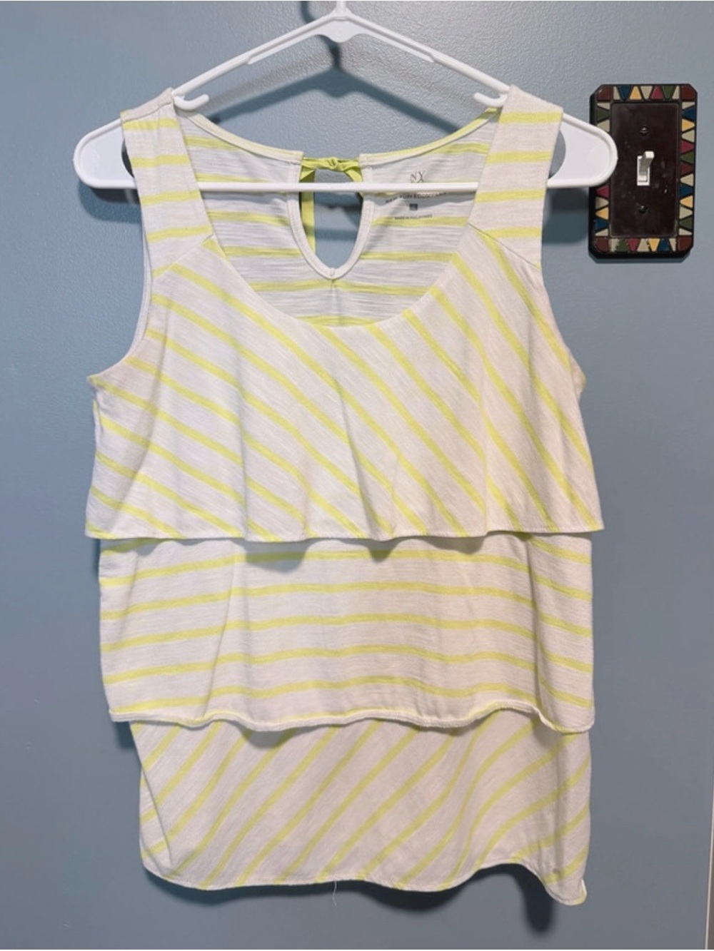 New York & Company White and Bright Yellow Striped Tank Top
